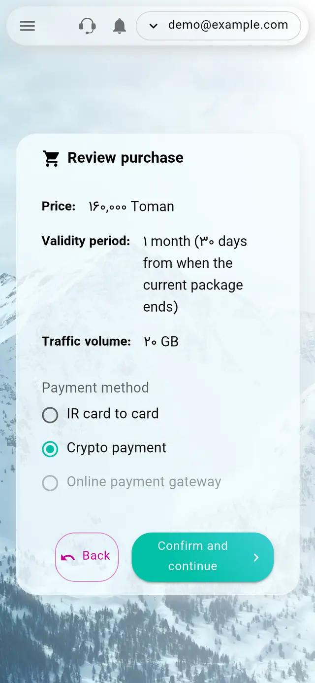 Review purchase page with Crypto payment selected as the payment method