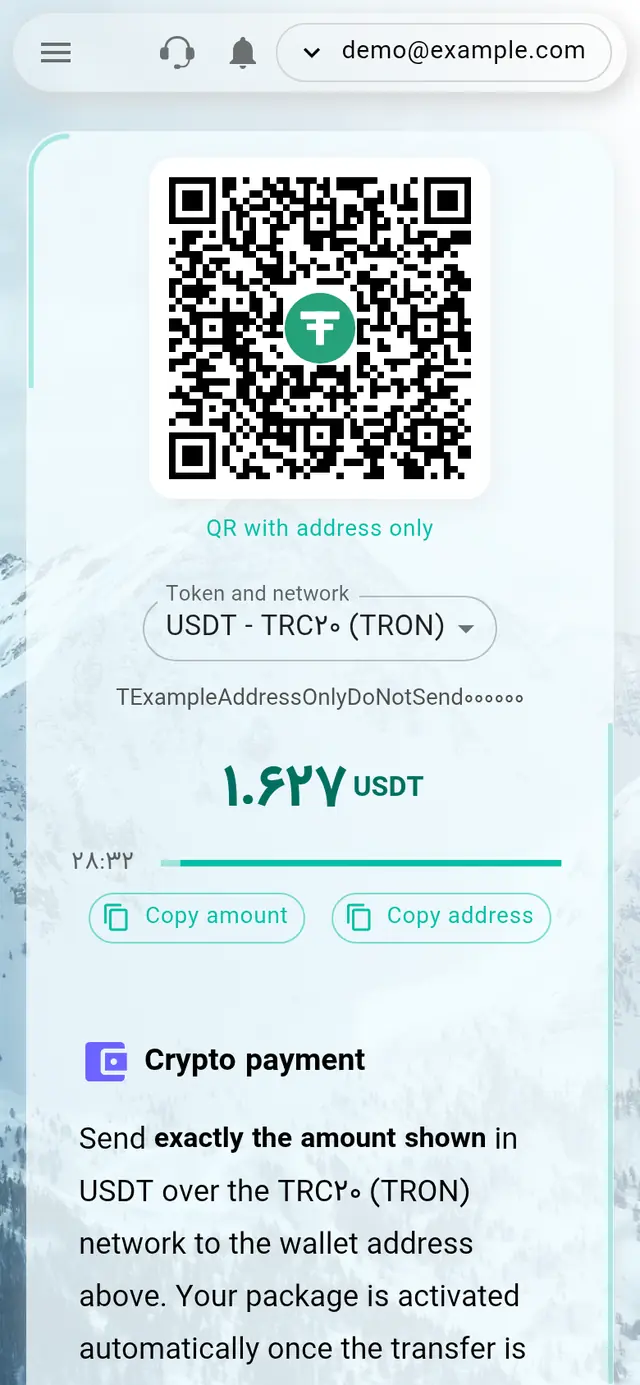Crypto payment page showing the QR code, USDT on TRC20, the wallet address, the exact amount and the timer