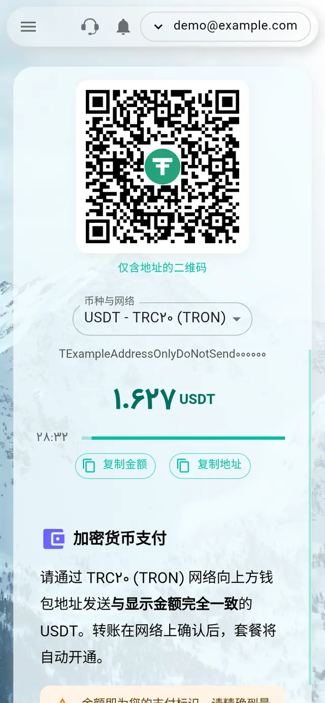加密货币支付页面，显示二维码、TRC20 网络上的 USDT、钱包地址、精确金额和倒计时
